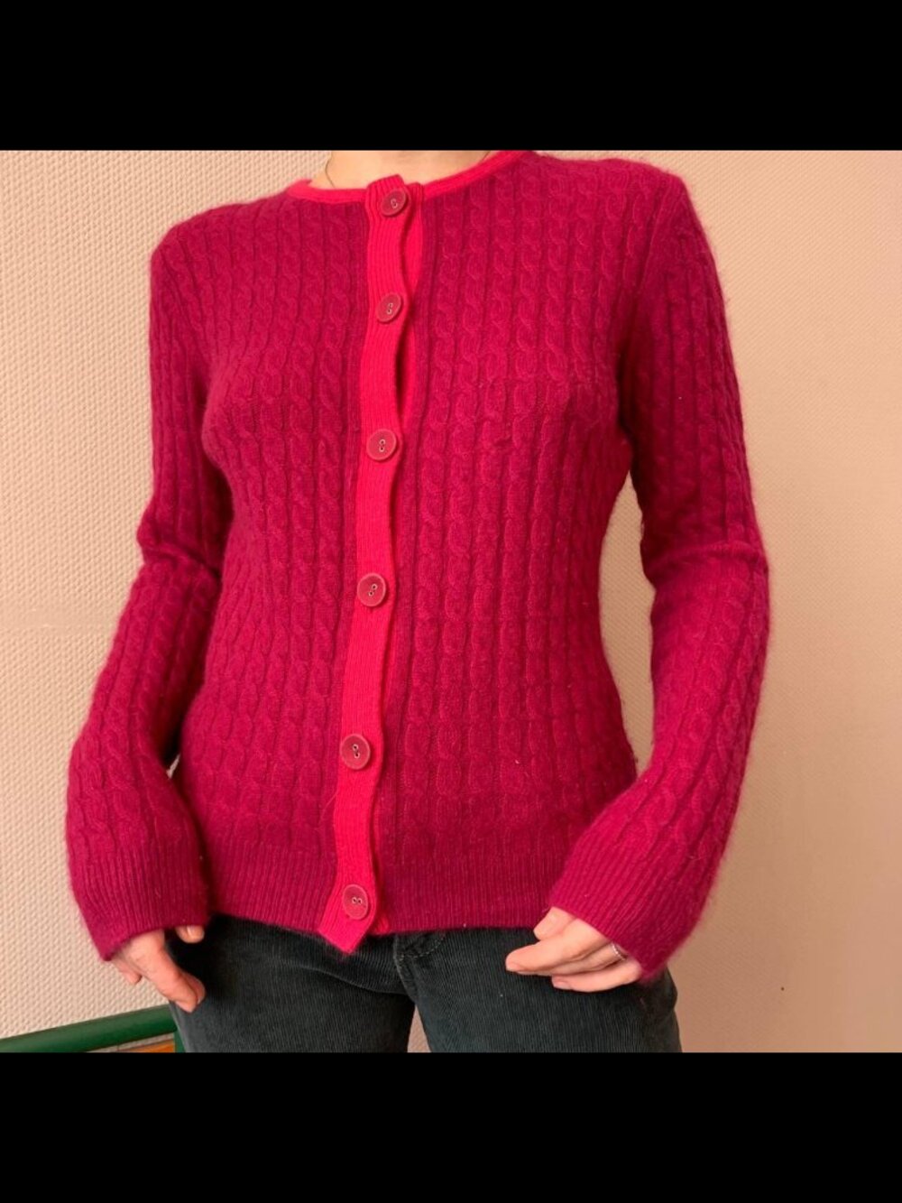 Paul Costelloe Cable Knit Cardigan Angora Sweater Pink Size Medium